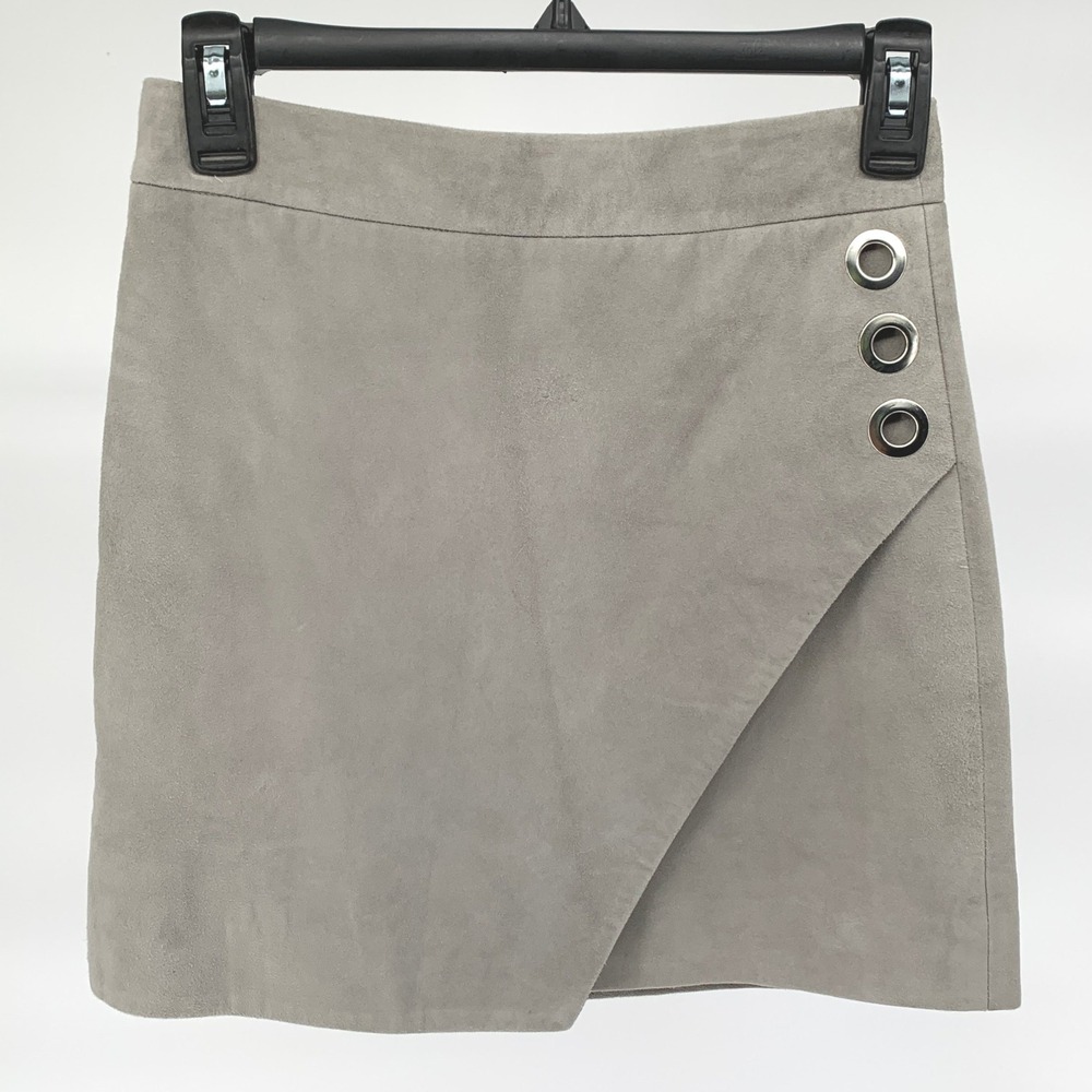 Michelle Mason Grey Lambskin Suede Faux Wrap Grommet Mini Skirt Size 0